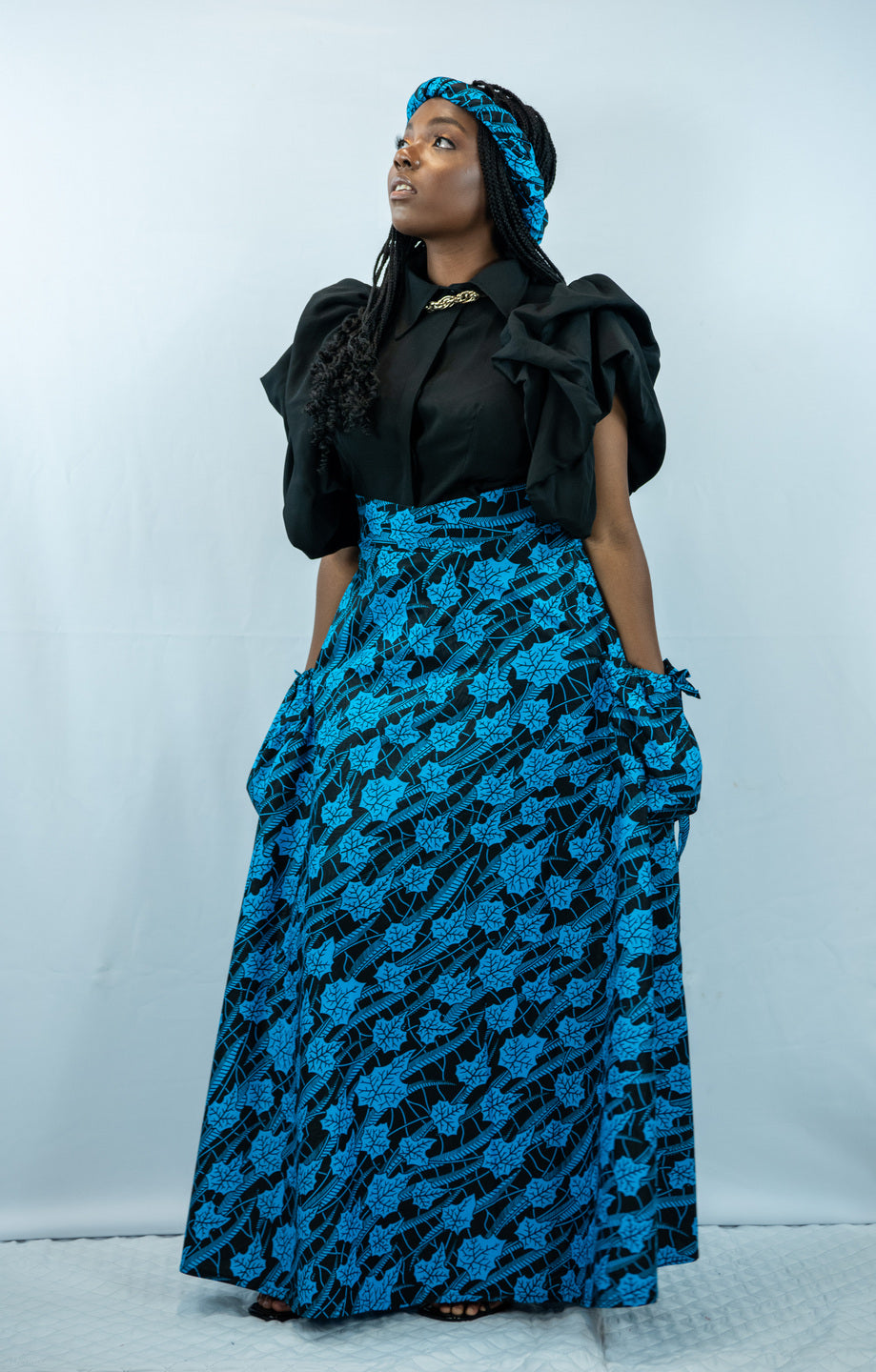Amara-A Blue Print Maxi Skirt with Pockets