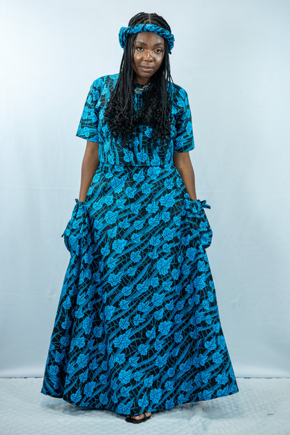 Amara-A Blue Print Maxi Skirt with Pockets