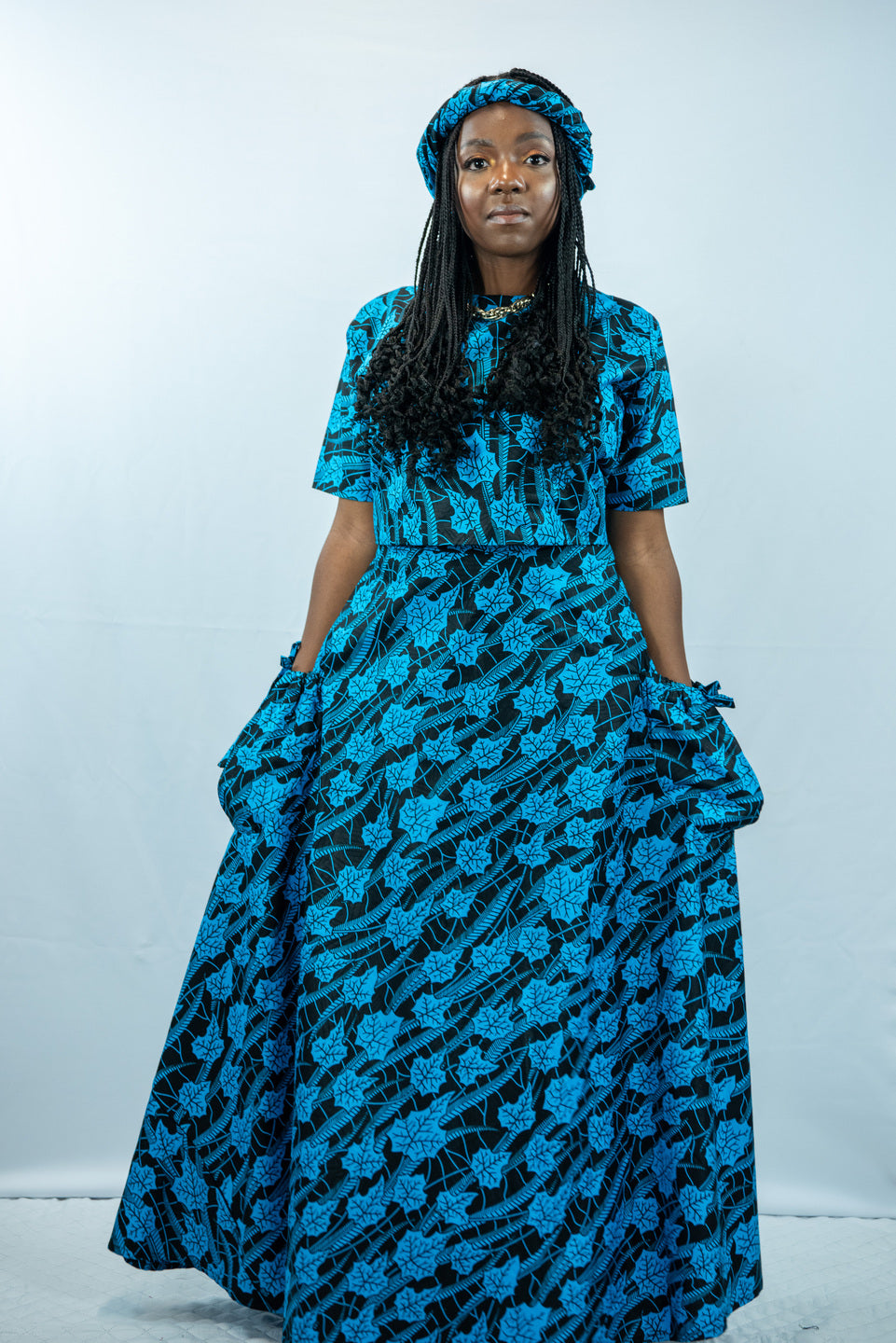 Amara Blue Print Maxi Skirt with Pockets and Crop Top