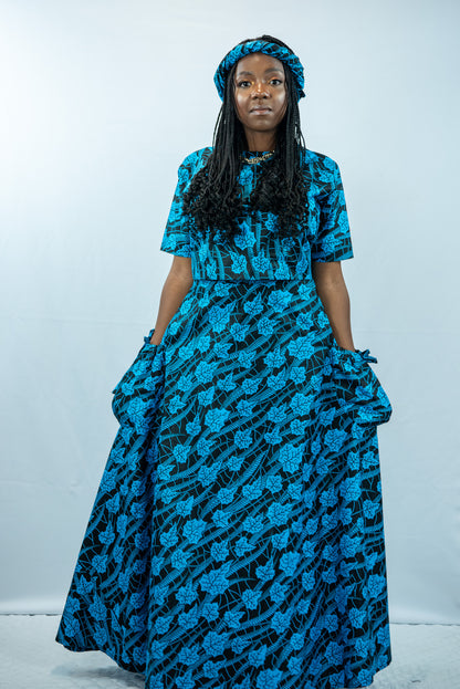 Amara Blue Print Maxi Skirt with Pockets and Crop Top