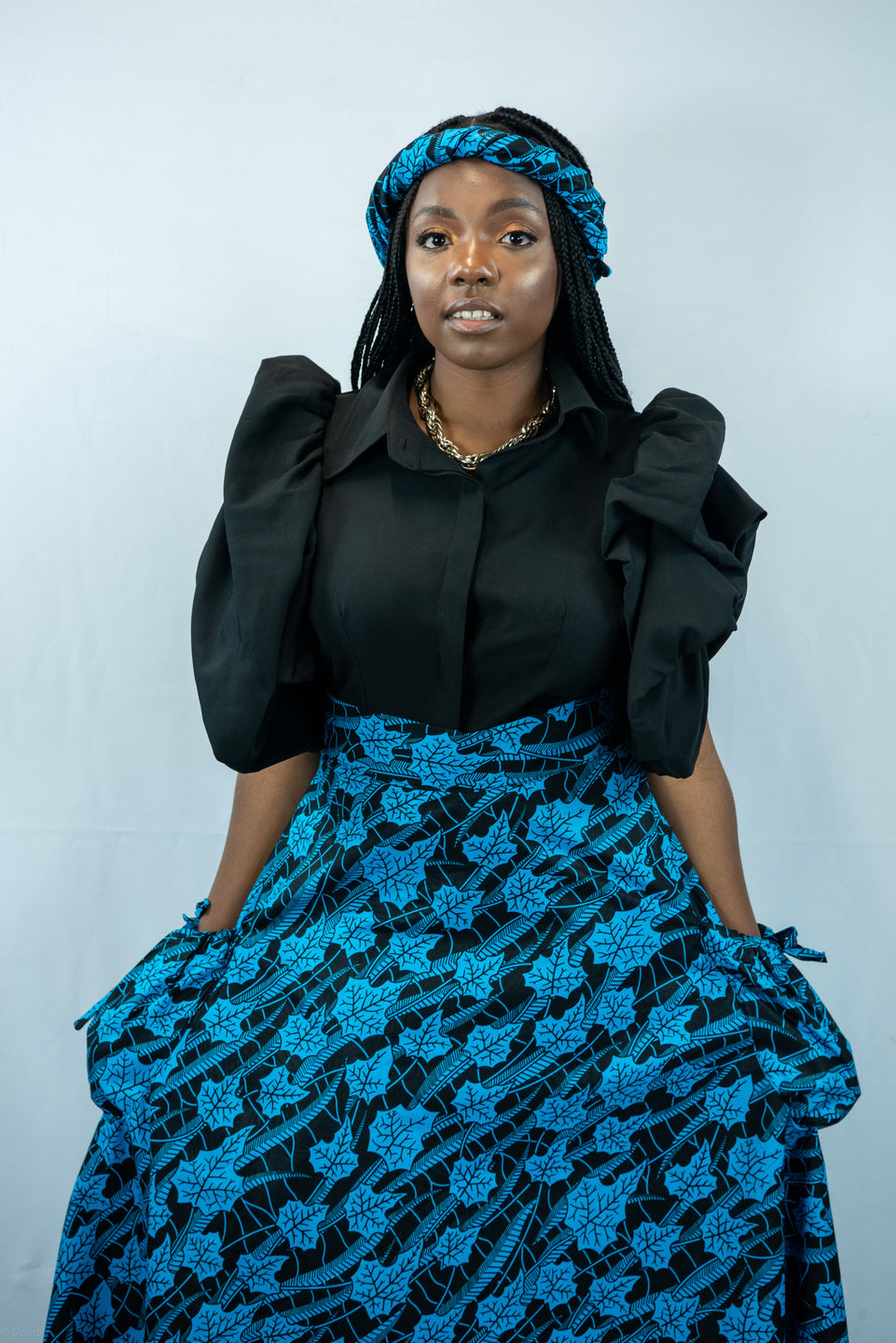 Amara-A Blue Print Maxi Skirt with Pockets