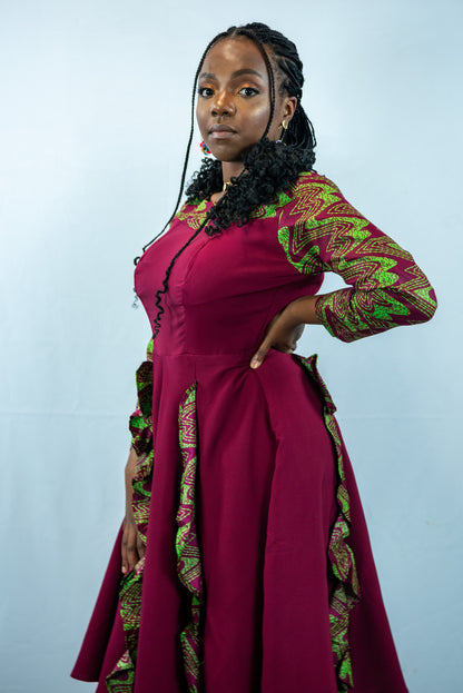 Enitan Wine and Green Patterned Midi Dres