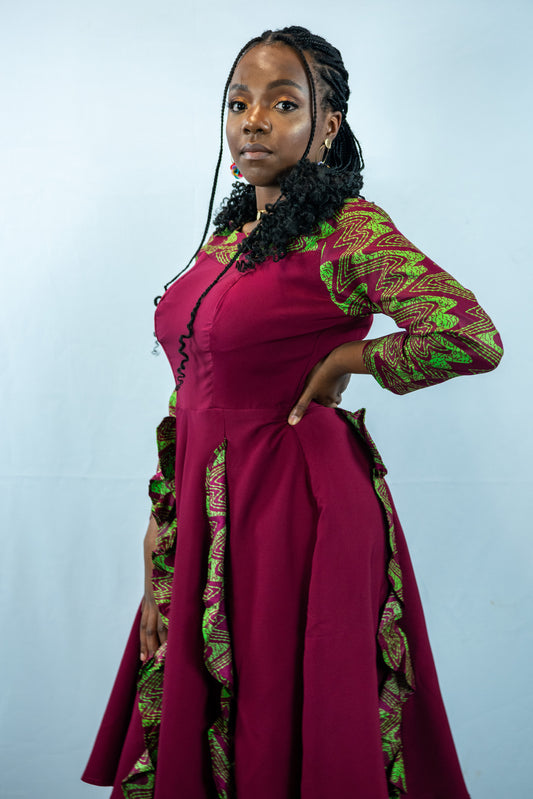 Enitan Wine and Green Patterned Midi Dres