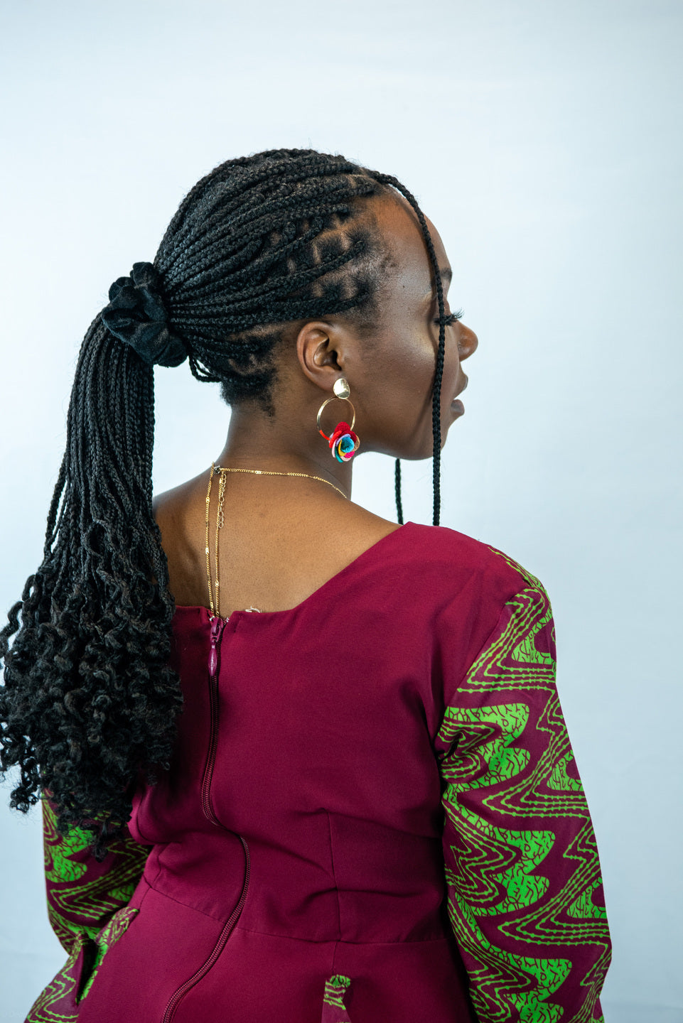 Enitan Wine and Green Patterned Midi Dres