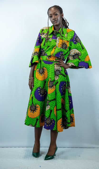 Keziah green Midi Flared Skirt and Cropped Shirt