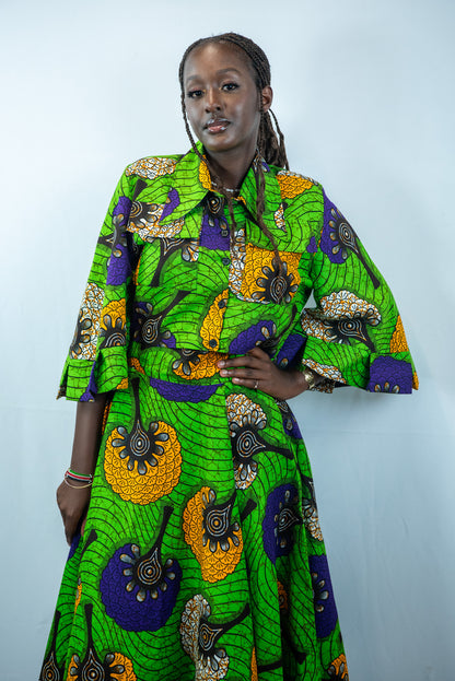 Keziah green Midi Flared Skirt and Cropped Shirt