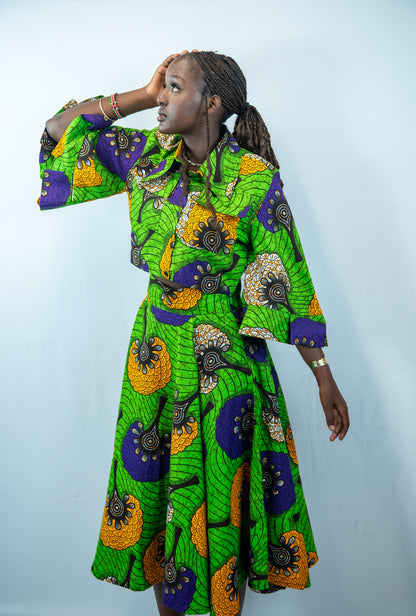 Keziah green Midi Flared Skirt and Cropped Shirt