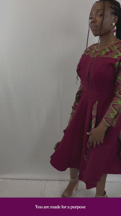 Enitan Wine and Green Patterned Midi Dres
