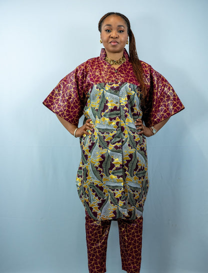 Tafari-B Wine and Gold Print Dansiki with Oversized Off Shoulder Shirt and Straight Leg Trouser