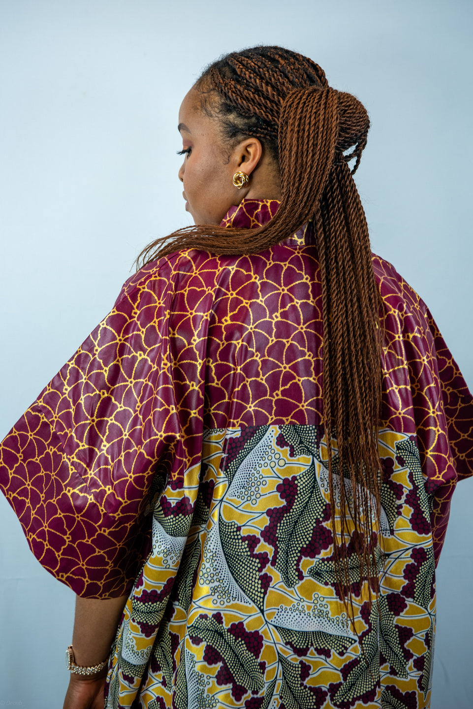 Tafari-B Wine and Gold Print Dansiki with Oversized Off Shoulder Shirt and Straight Leg Trouser