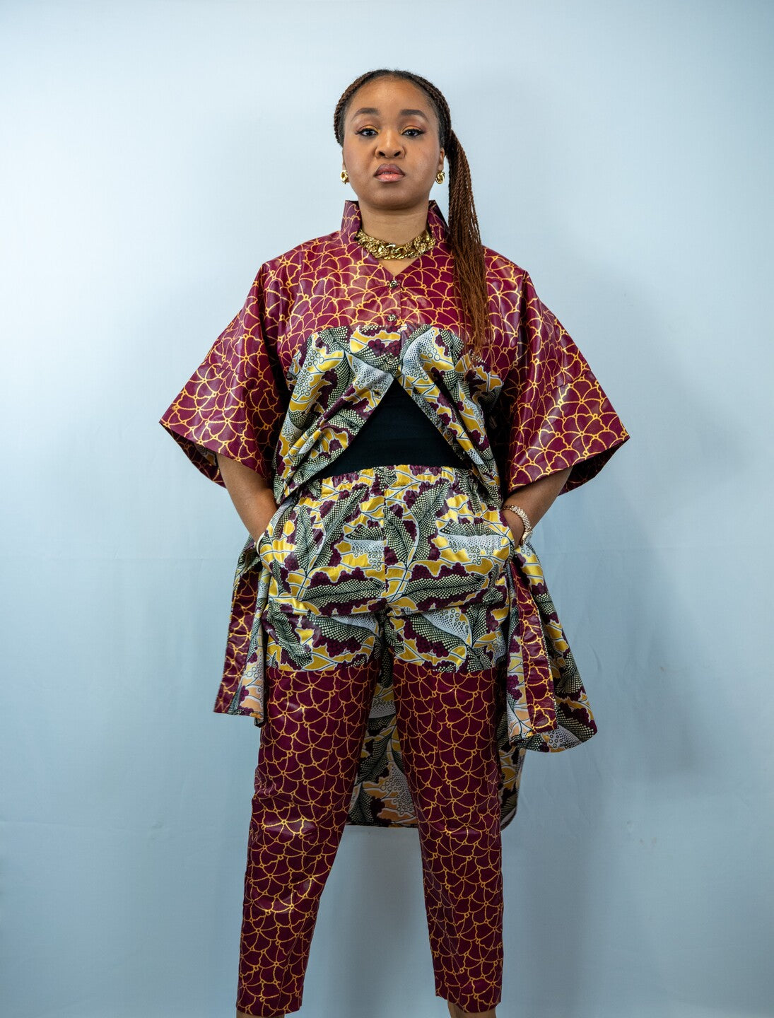 Tafari-B Wine and Gold Print Dansiki with Oversized Off Shoulder Shirt and Straight Leg Trouser
