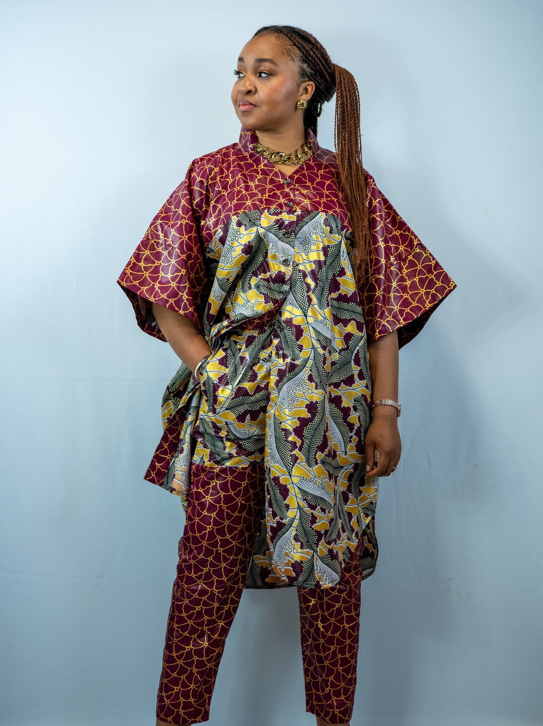 Tafari-B Wine and Gold Print Dansiki with Oversized Off Shoulder Shirt and Straight Leg Trouser