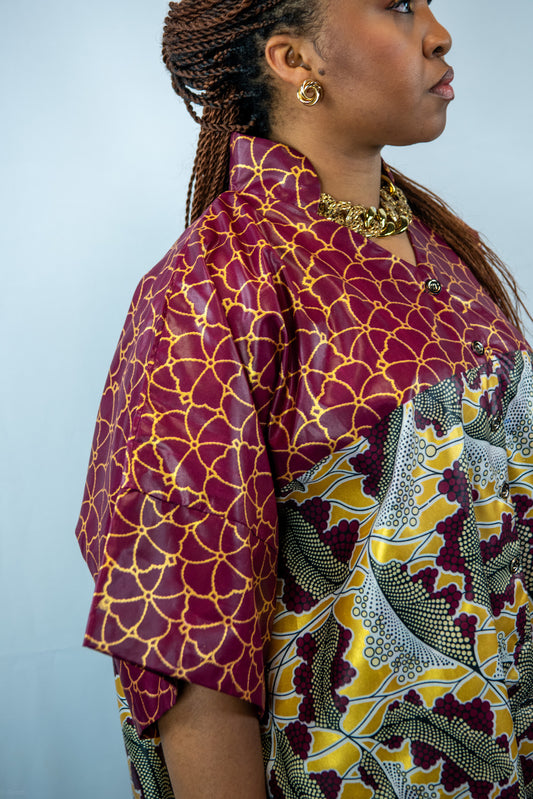 Tafari-B Wine and Gold Print Dansiki with Oversized Off Shoulder Shirt and Straight Leg Trouser