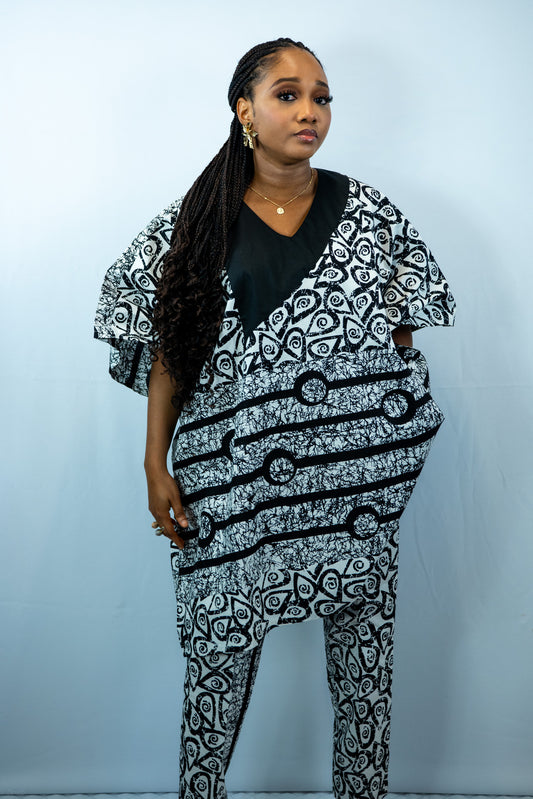 Tafari Black and White print Dansiki Oversized Off Shoulder Shirt and Straight Leg Trouser