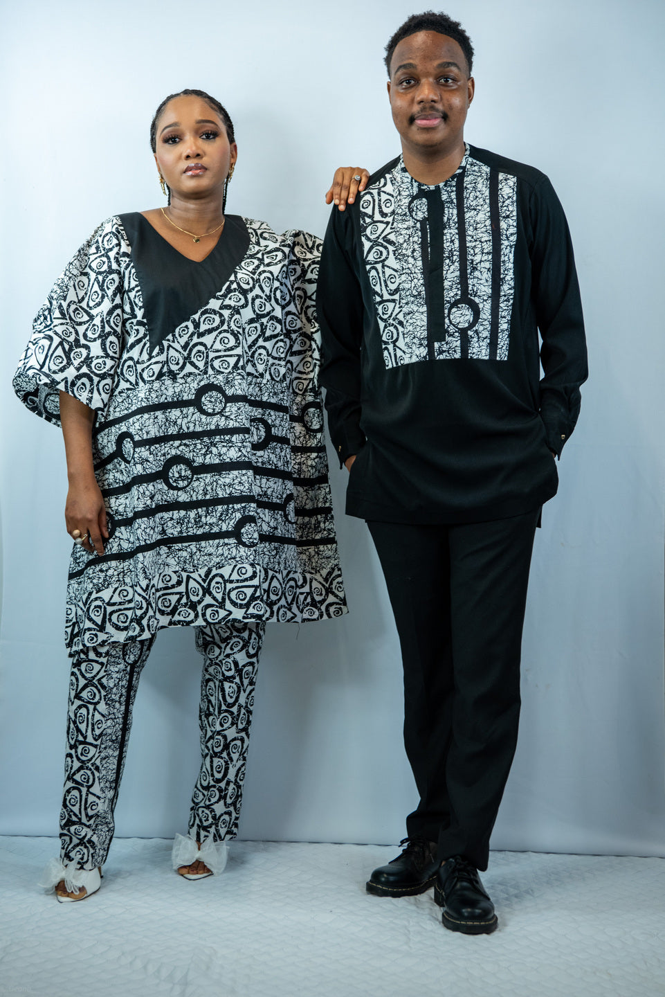Tafari Black and White print Dansiki Oversized Off Shoulder Shirt and Straight Leg Trouser