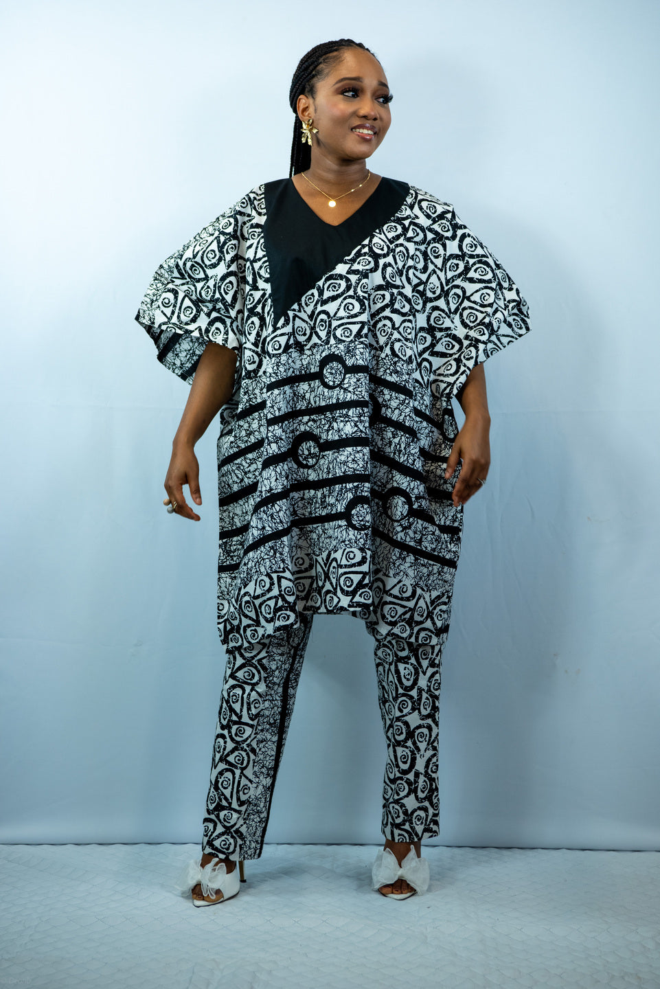 Tafari Black and White print Dansiki Oversized Off Shoulder Shirt and Straight Leg Trouser