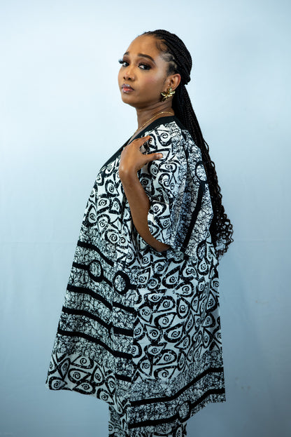 Tafari Black and White print Dansiki Oversized Off Shoulder Shirt and Straight Leg Trouser
