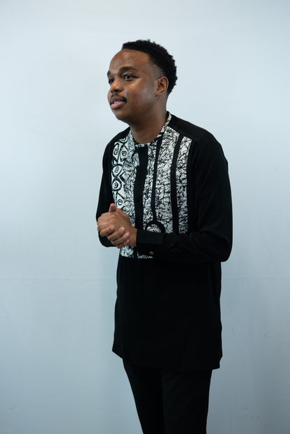 Tafari Crew Neck, Long Sleeve, Black and White Print Shirt