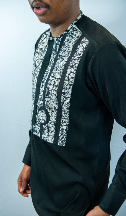 Tafari Crew Neck, Long Sleeve, Black and White Print Shirt