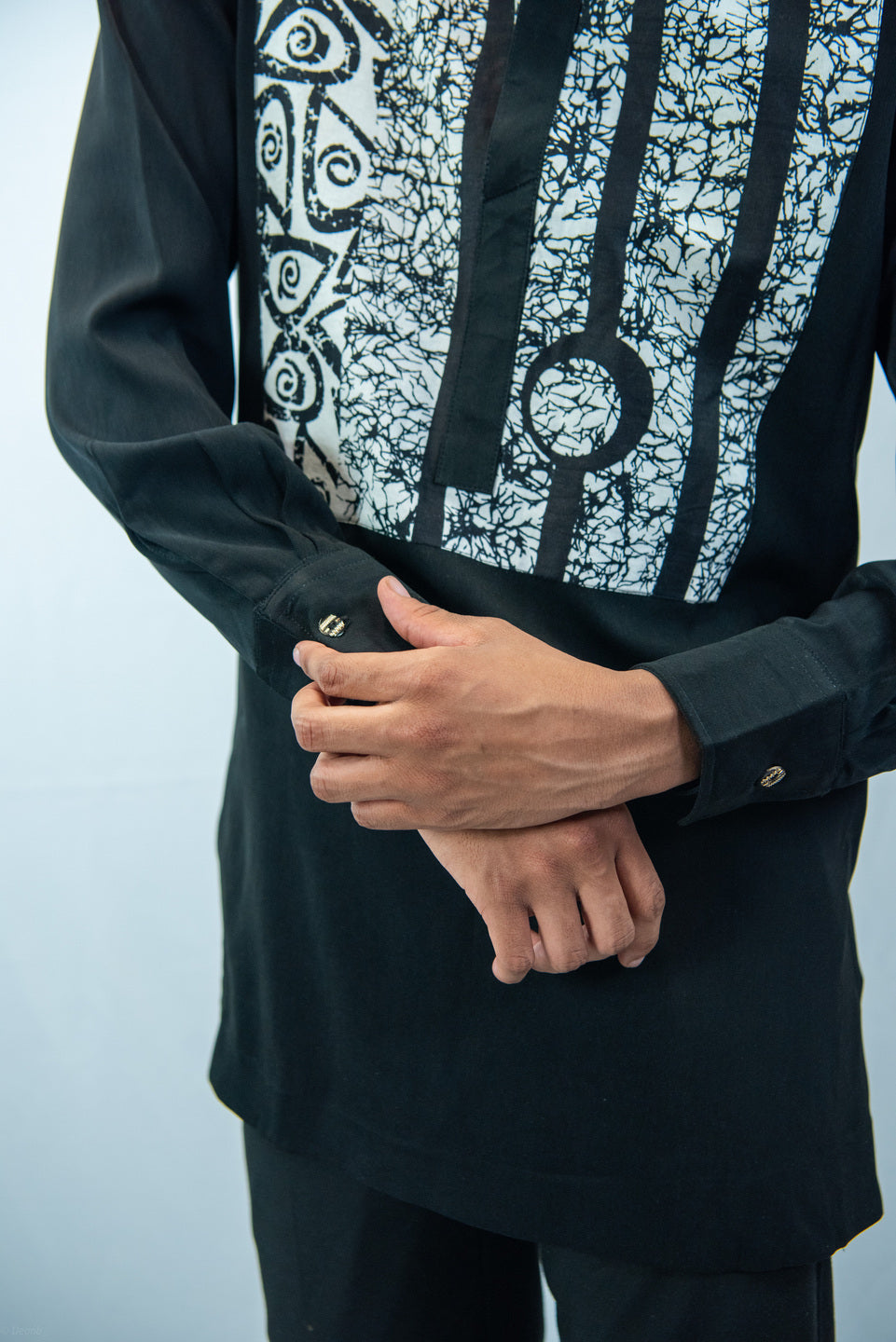 Tafari Crew Neck, Long Sleeve, Black and White Print Shirt