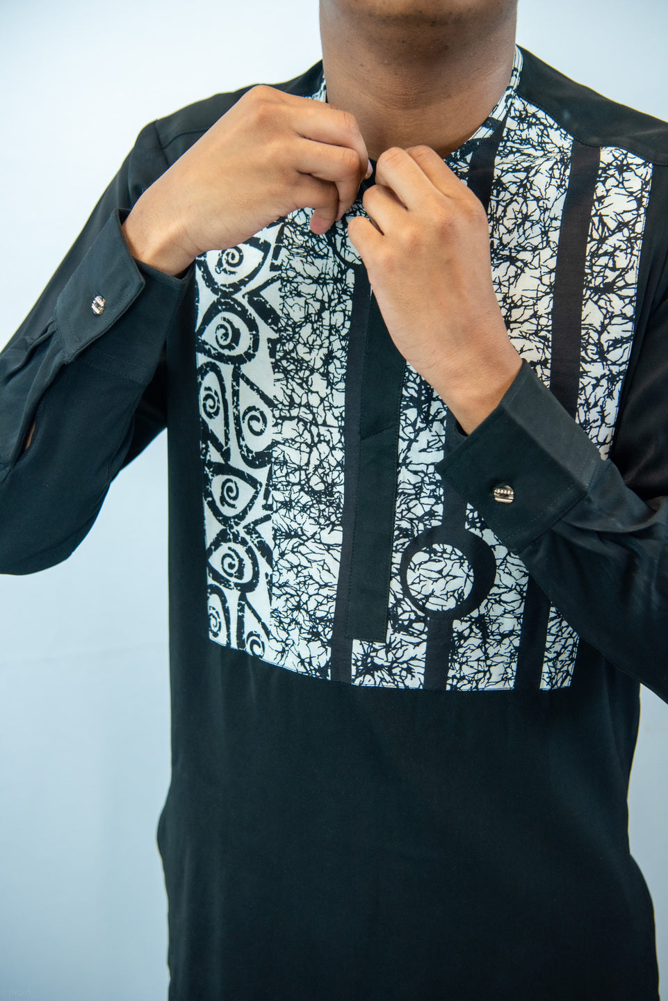 Tafari Crew Neck, Long Sleeve, Black and White Print Shirt