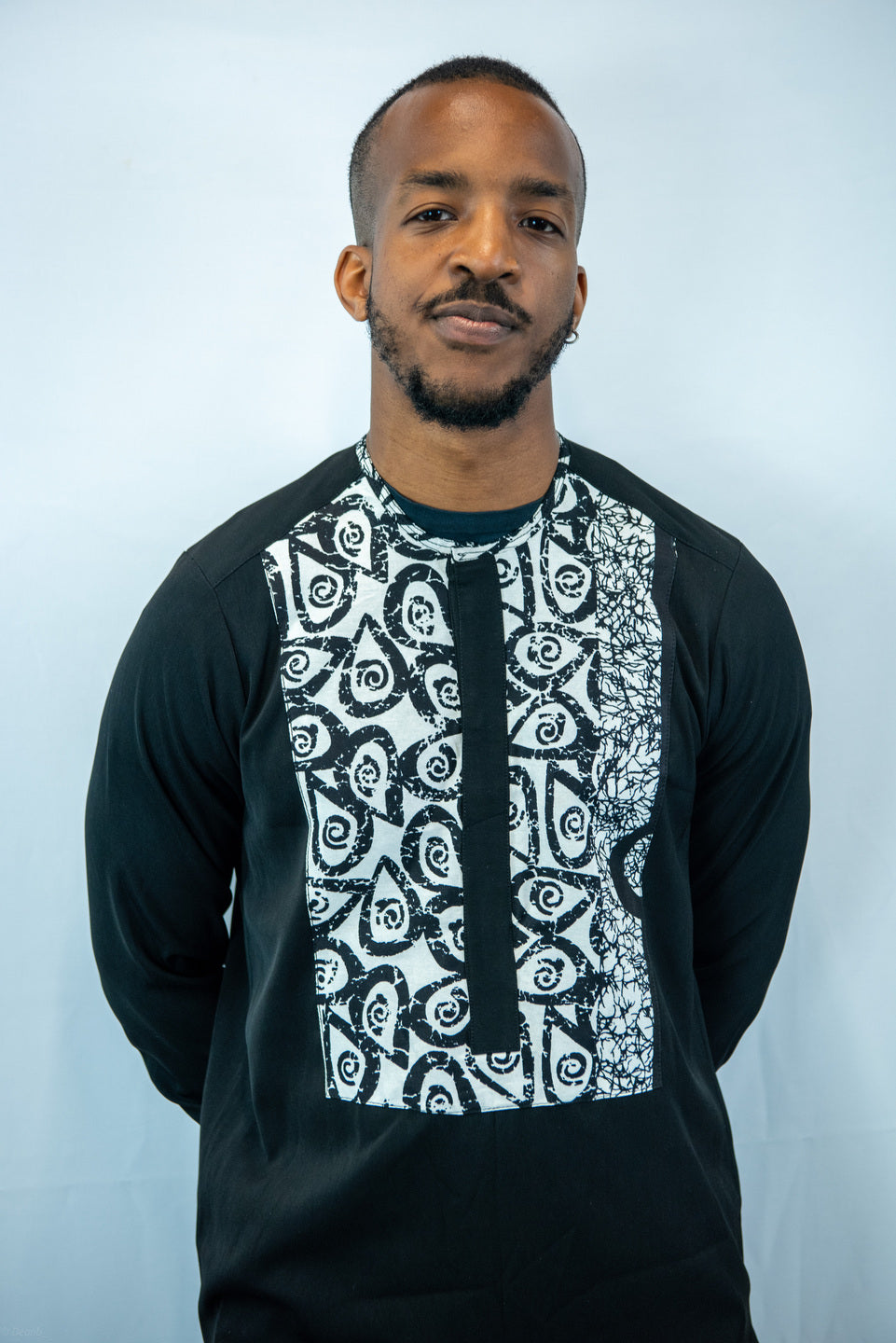 Tafari Crew Neck, Long Sleeve, Black and White Print Shirt