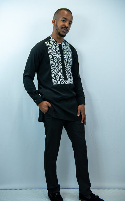Tafari Crew Neck, Long Sleeve, Black and White Print Shirt